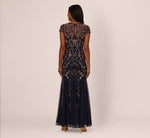 Floral Beaded Godet Gown With Sheer Neck And Short Sleeves In Navy Rosegold 5