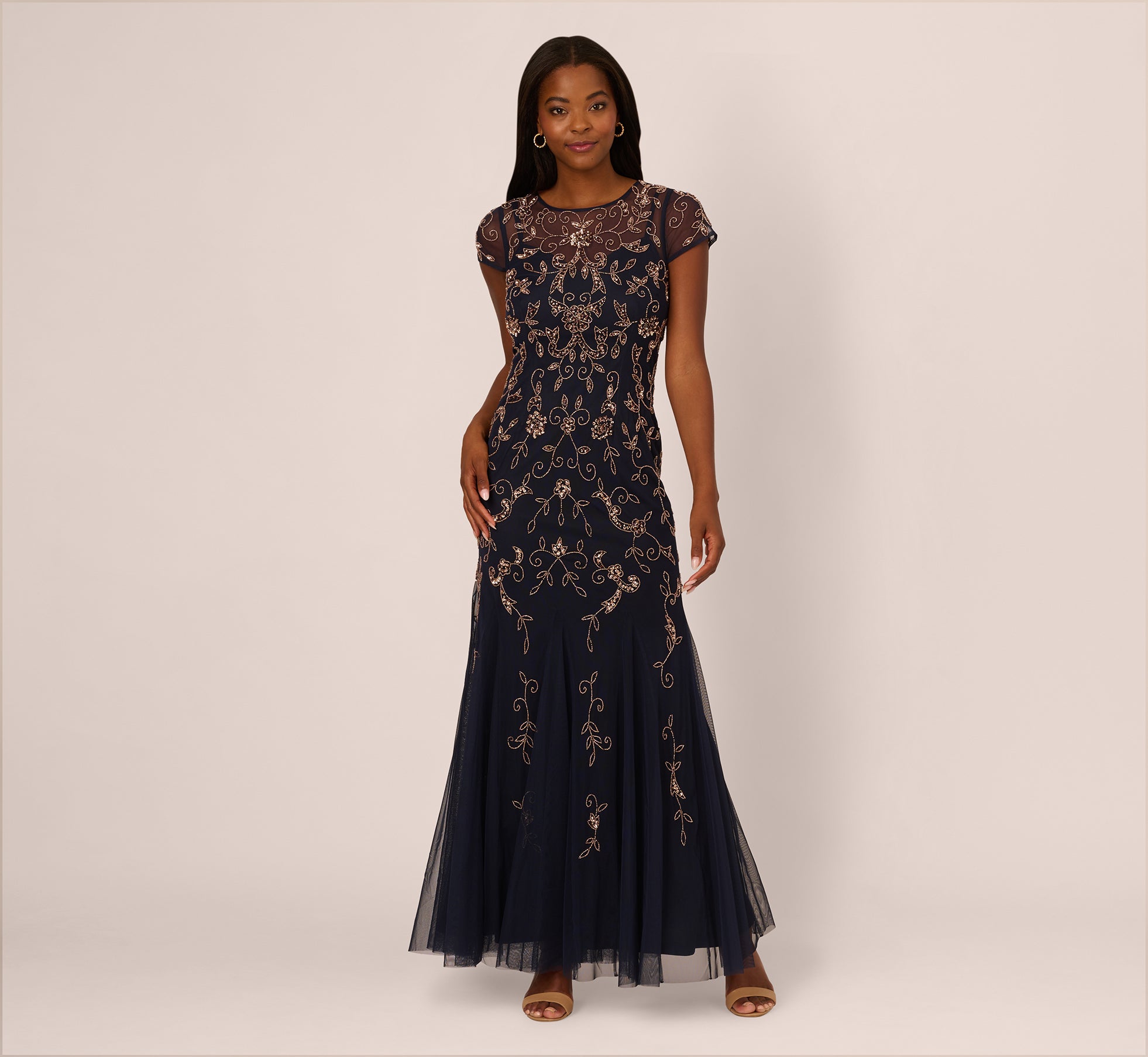 Blue Floral Beaded Godet Gown With Sheer Neck And Short Sleeves