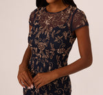 Floral Beaded Godet Gown With Sheer Neck And Short Sleeves In Navy Rosegold 3
