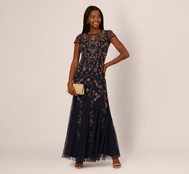adrianna papell beaded dress Floral Godet Gown With Sheer Neck And Short Sleeves In Navy Rosegold Jennifer Lawrence's Little Black Color:BLACK LACE swim sarong trimmed boat neckline