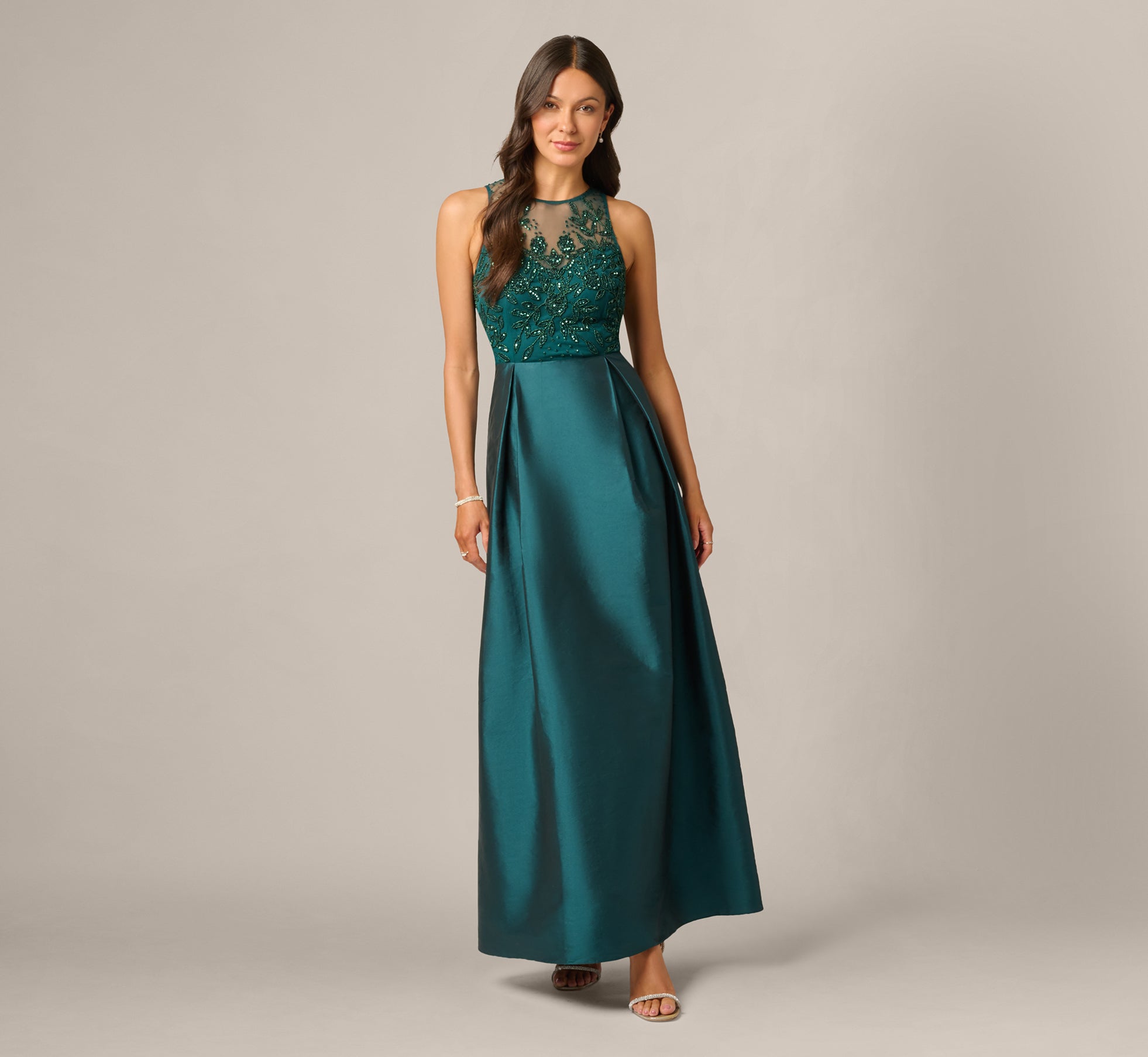 Sleeveless Taffeta Ball Gown With Beaded Bodice In Gem Green 1