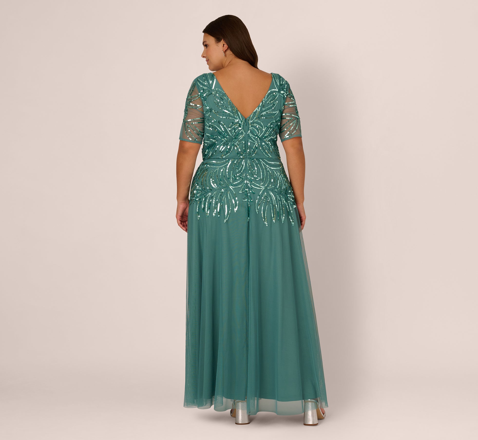 seafoam green plus size dresses Plus Size Beaded Mesh Long Dress In Green Slate