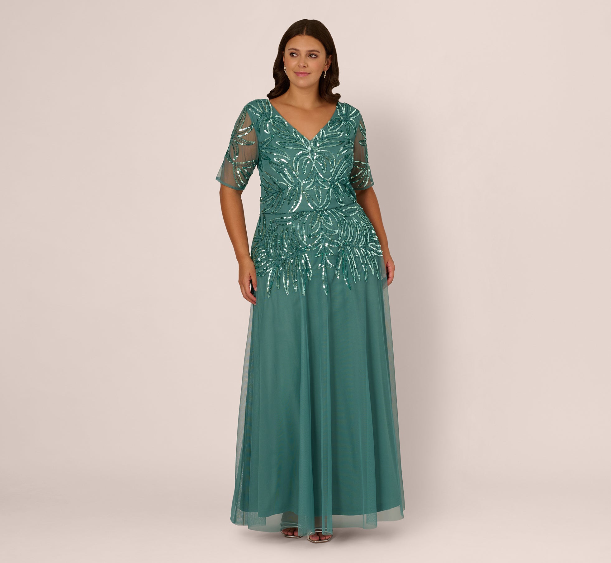 Plus Size Beaded Mesh Long Dress In Green Slate Plus Size Beaded Mesh Long Dress In Green Slate