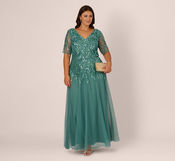Adrianna Papell Plus Size Beaded Mesh V-Neck Long Dress - Green Slate - 22w Adrianna Papell Plus Size Beaded Mesh V-Neck Long Dress - Green Slate - 22w
