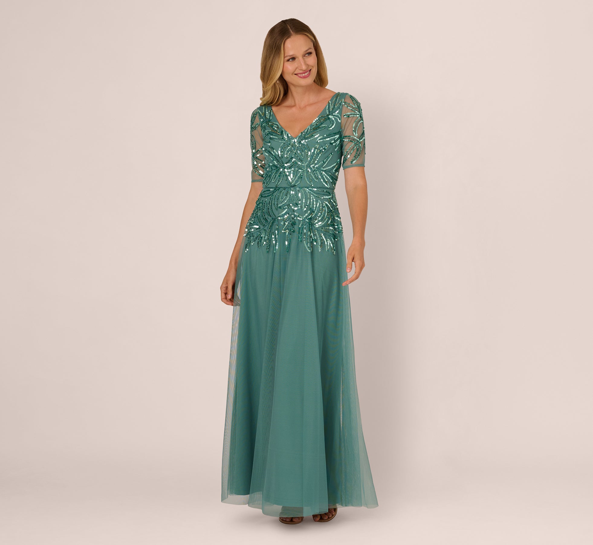 adrianna papell green beaded dress Adrianna Papell Beaded Mesh Long Dress