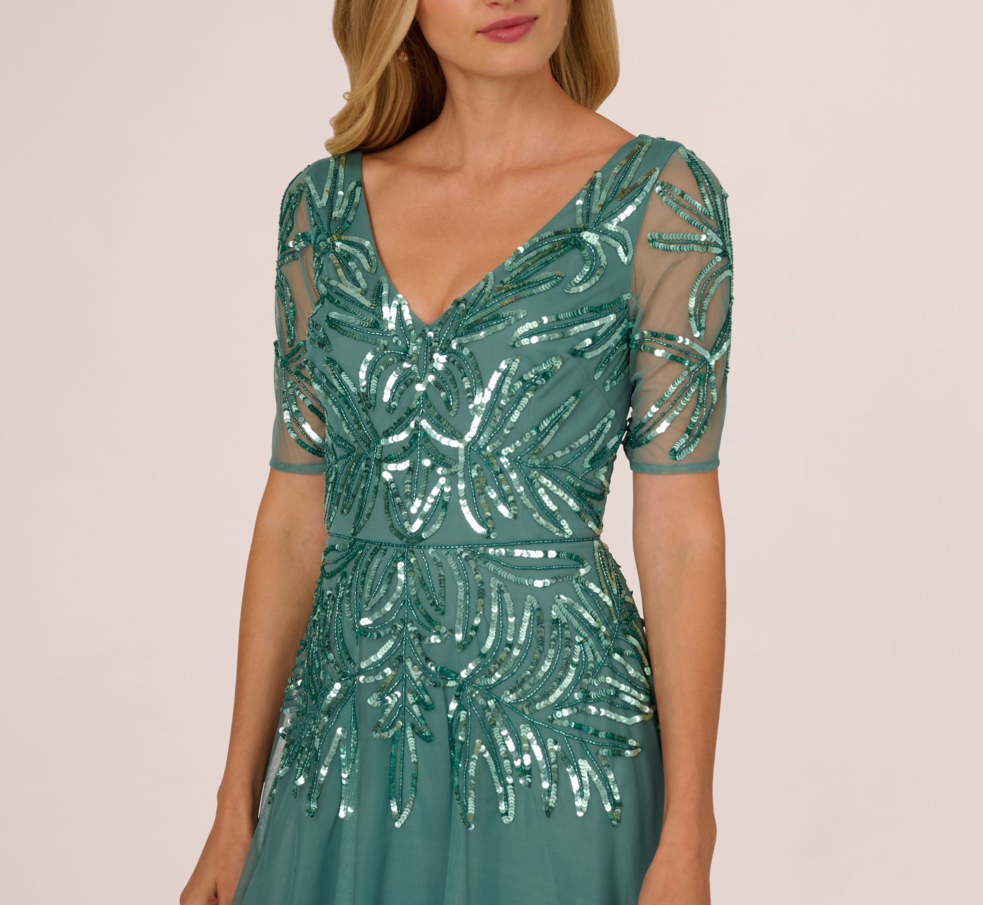 Green Beaded Mesh Long Dress - Adrianna Papell Green Beaded Mesh Long Dress - Adrianna Papell