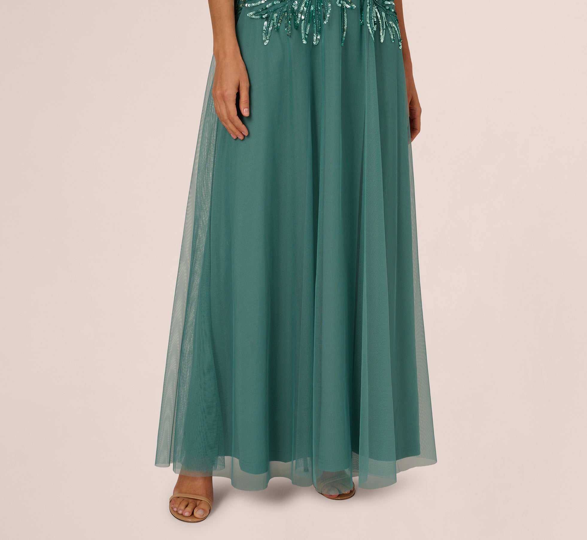Green Beaded Mesh Long Dress - Adrianna Papell Green Beaded Mesh Long Dress - Adrianna Papell