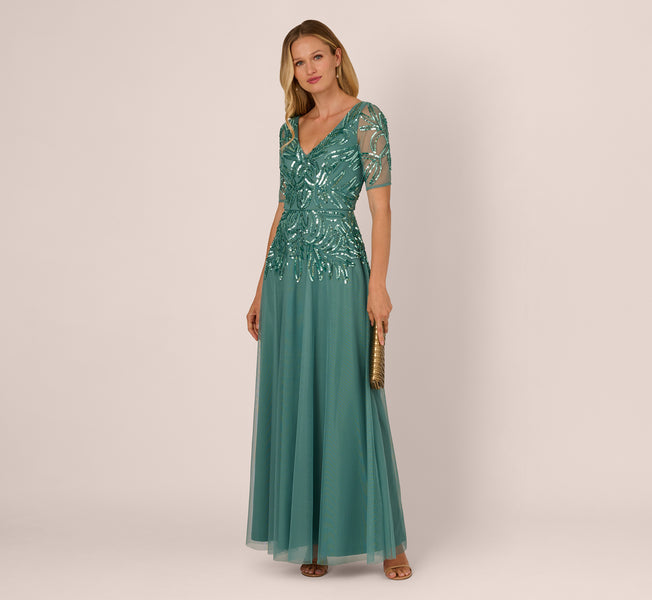 adrianna papell green beaded dress vintage Women's Embellished Mesh V-Neck Gown - Slate V-neck Quinceanera dress Jack Black Once Again line silhouette Color:Blush Floral