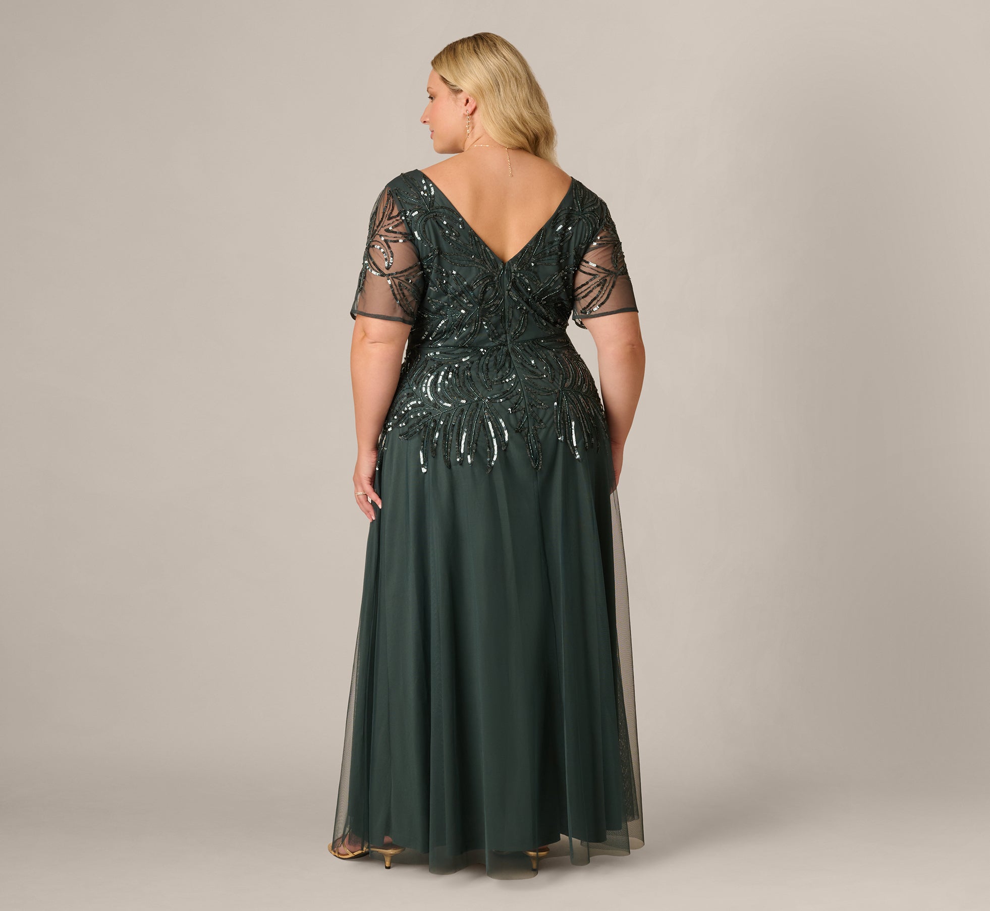 Light Green Plus Size Beaded Mesh Long Dress - Adrianna Papell