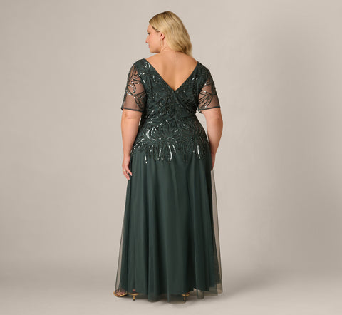 Light Green Plus Size Beaded Mesh Long Dress - Adrianna Papell