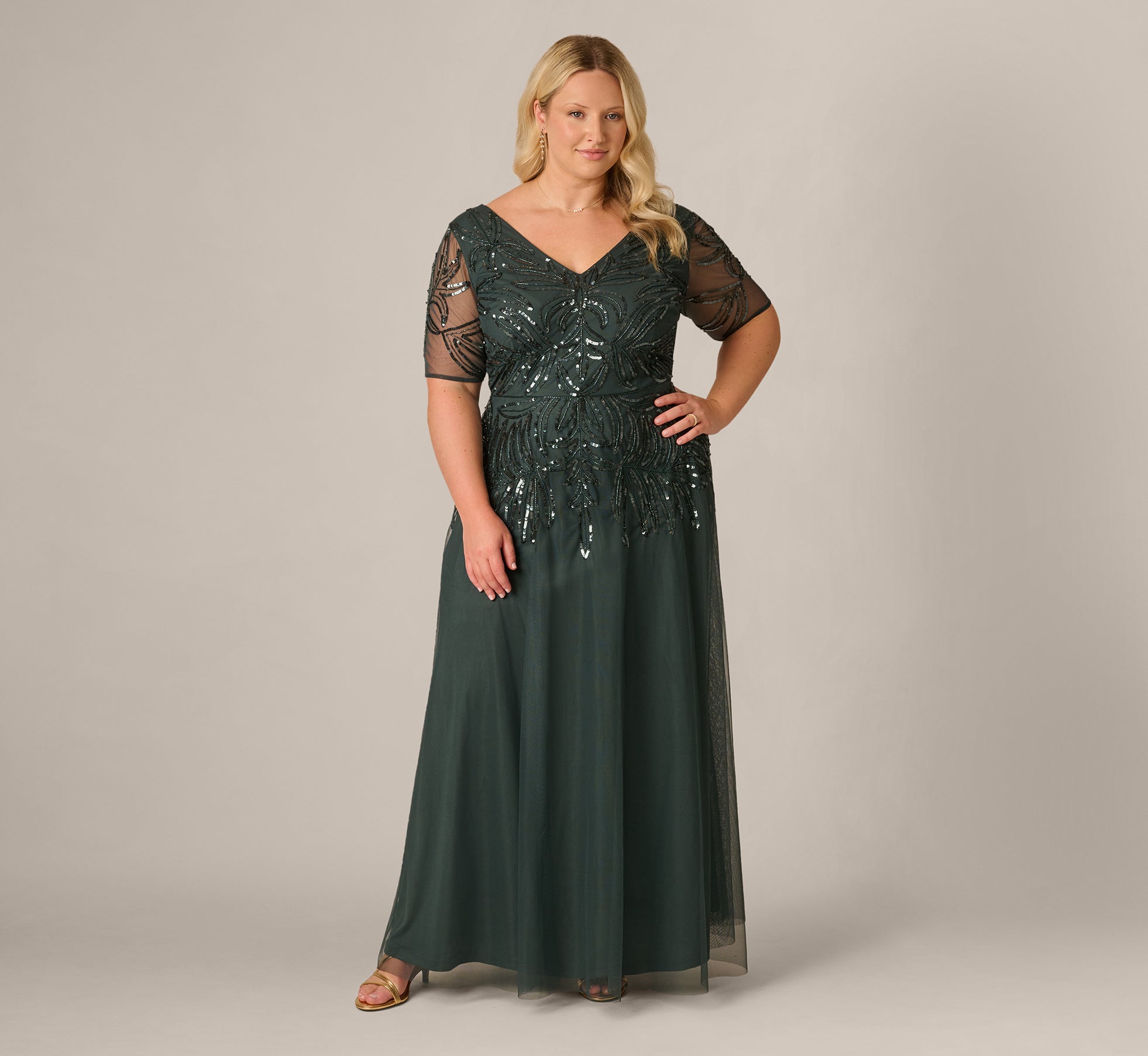 Plus Size Beaded Mesh Long Dress In Jade Stone 1