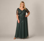 Plus Size Beaded Mesh Long Dress In Jade Stone 1
