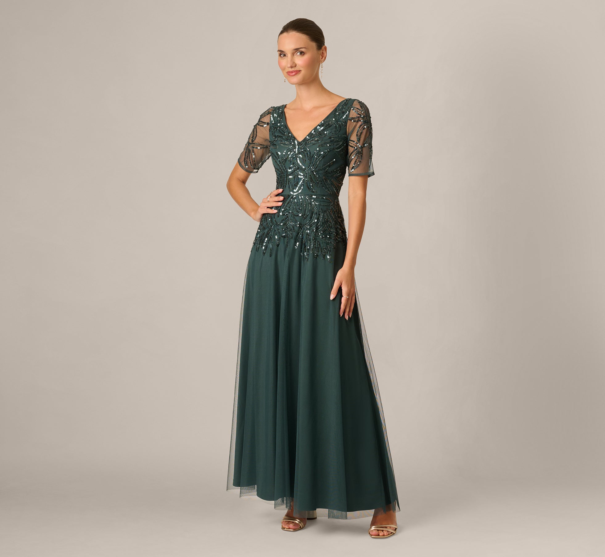 Beaded Mesh Long Dress In Jade Stone 1