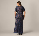 Plus Size Short Sleeve Floral Sequin Stretch Mesh Gown In Navy Rosegold 5