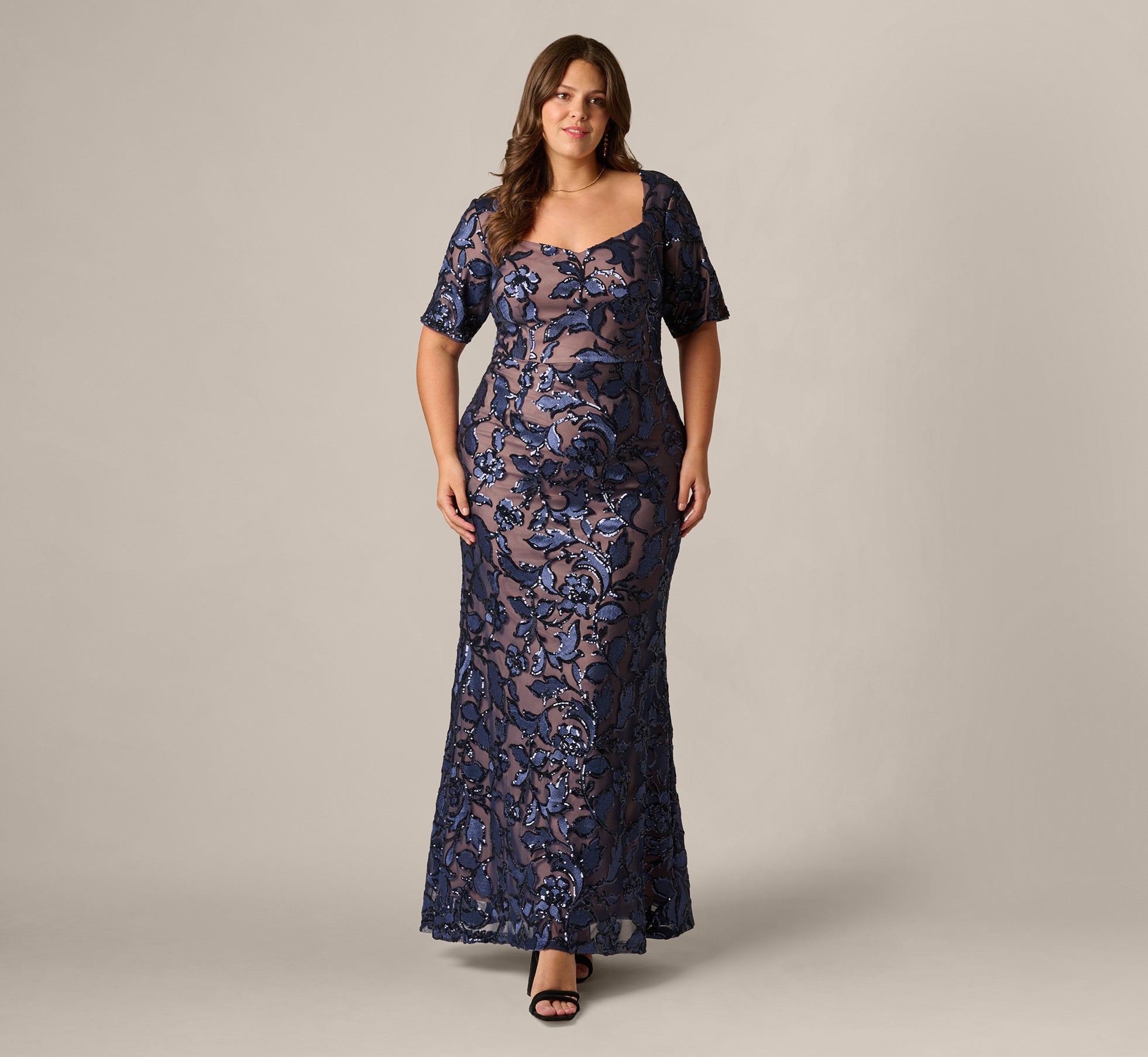 Blue Plus Size Short Sleeve Floral Sequin Stretch Mesh Gown