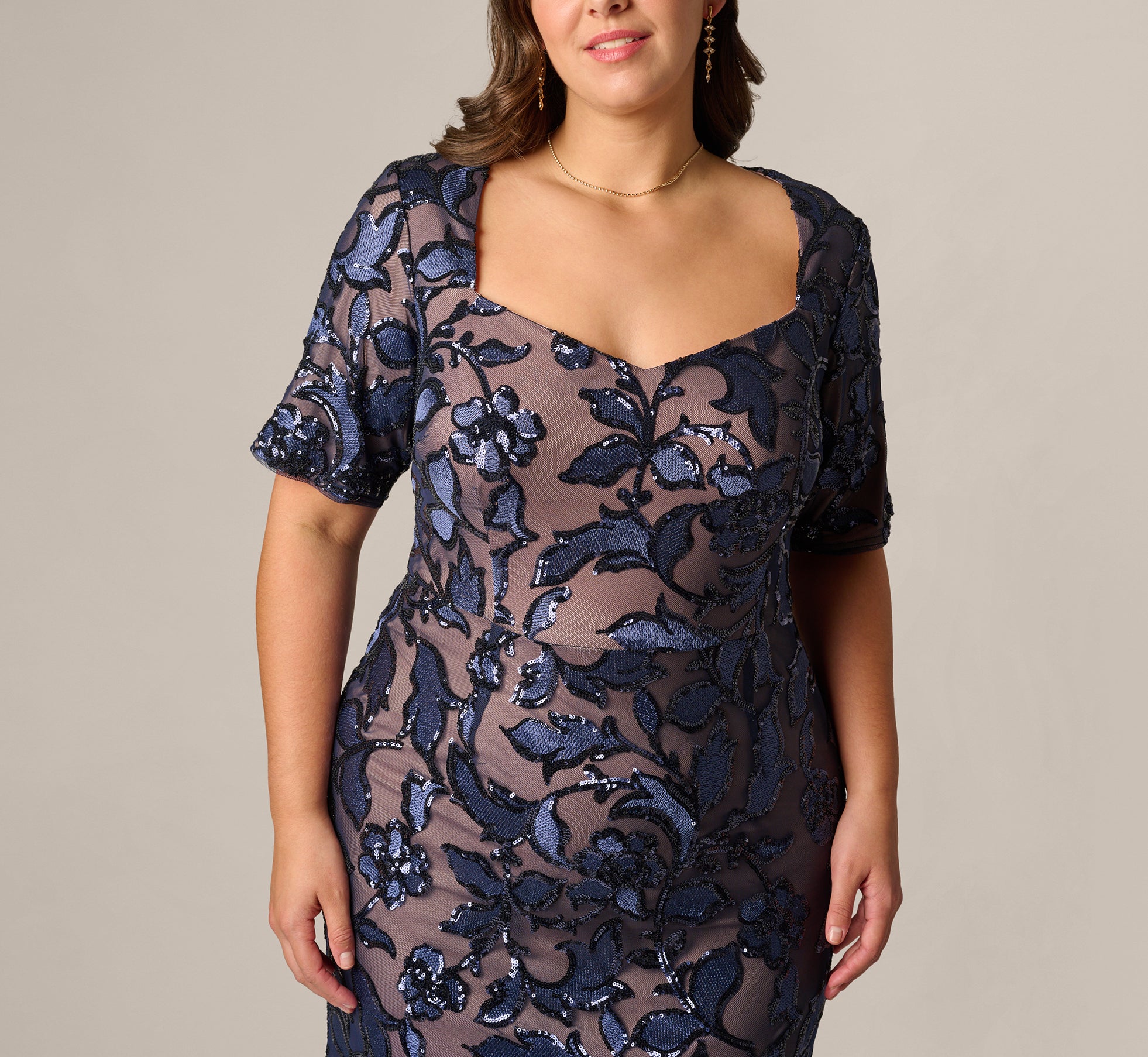 Blue Plus Size Short Sleeve Floral Sequin Stretch Mesh Gown