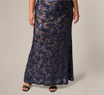 Plus Size Short Sleeve Floral Sequin Stretch Mesh Gown In Navy Rosegold 4