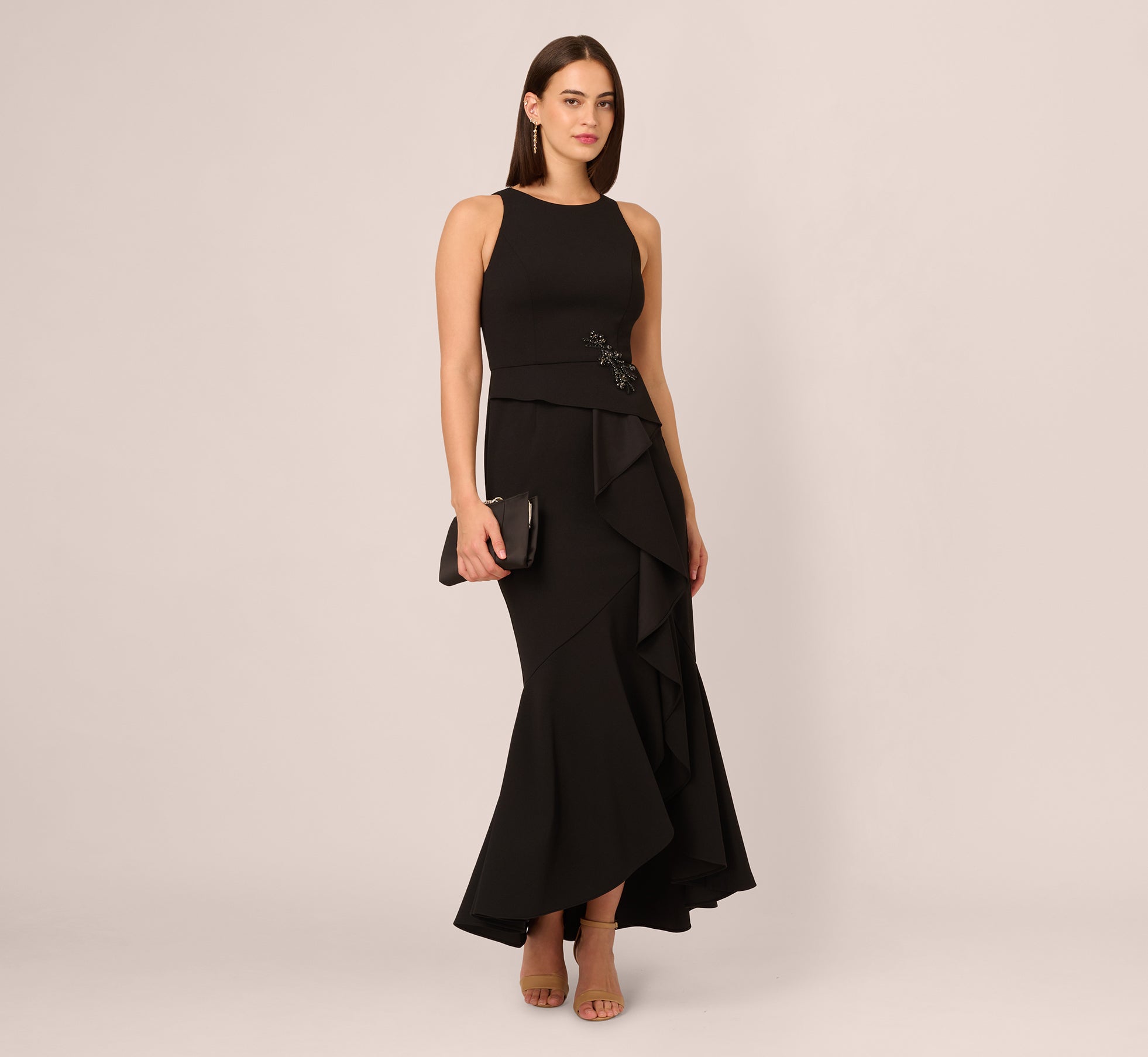 Bead Accent Crepe Halter Gown In Black 1