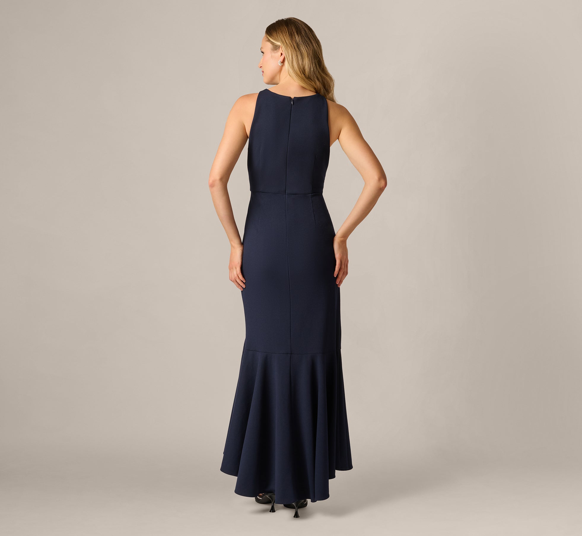 adrianna papell women's colorblocked halter dress Bead Accent Crepe Gown In Midnight, Midnight / Regular / 2 Deep V Dress