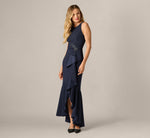 Bead Accent Crepe Halter Gown In Midnight 2