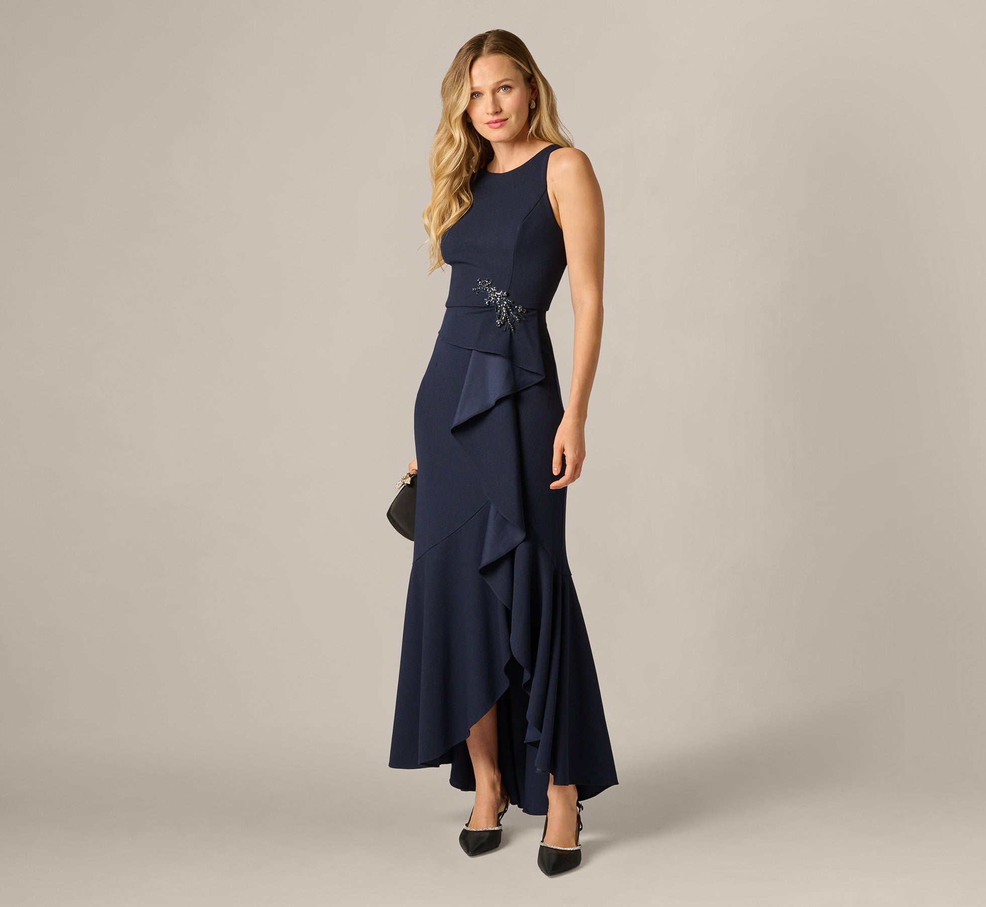 Bead Accent Crepe Halter Gown In Midnight 1
