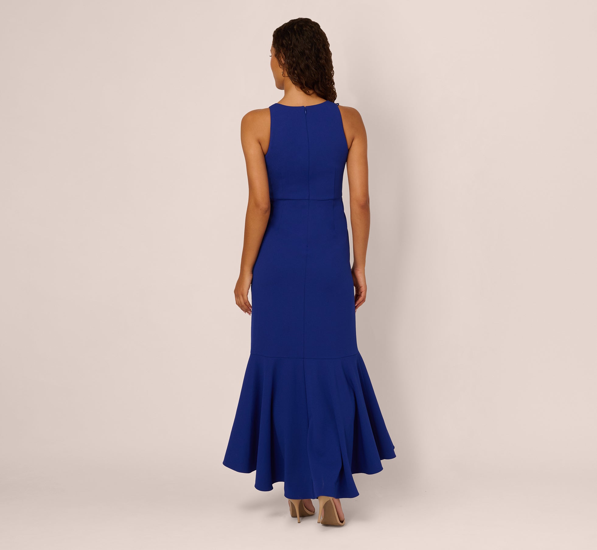 Blue Bead Accent Crepe Halter Gown