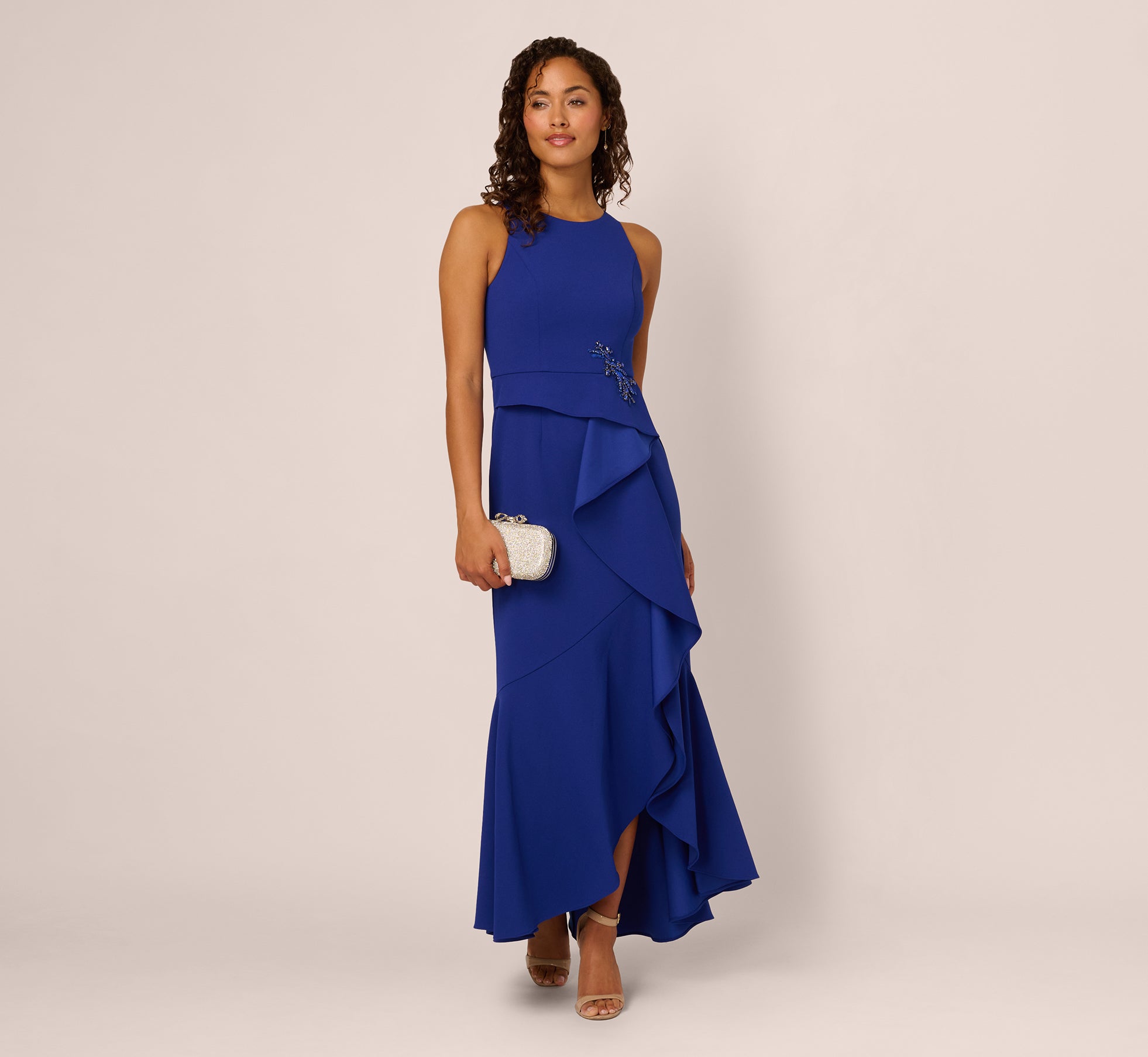 Bead Accent Crepe Halter Gown In Royal Sapphire 1