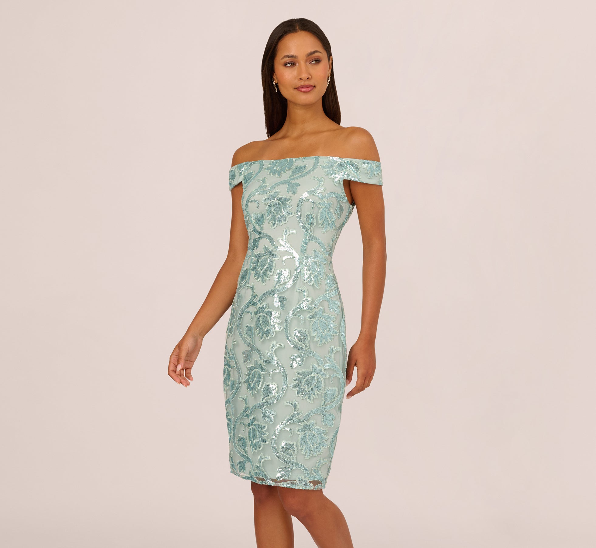 adrianna papell off the shoulder sheath dress Adrianna Papell Women's Off-The-Shoulder Sequin Sheath Dress - Aqua Dust