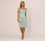 Off Shoulder Sequin Sheath Dress In Aqua Dust 1