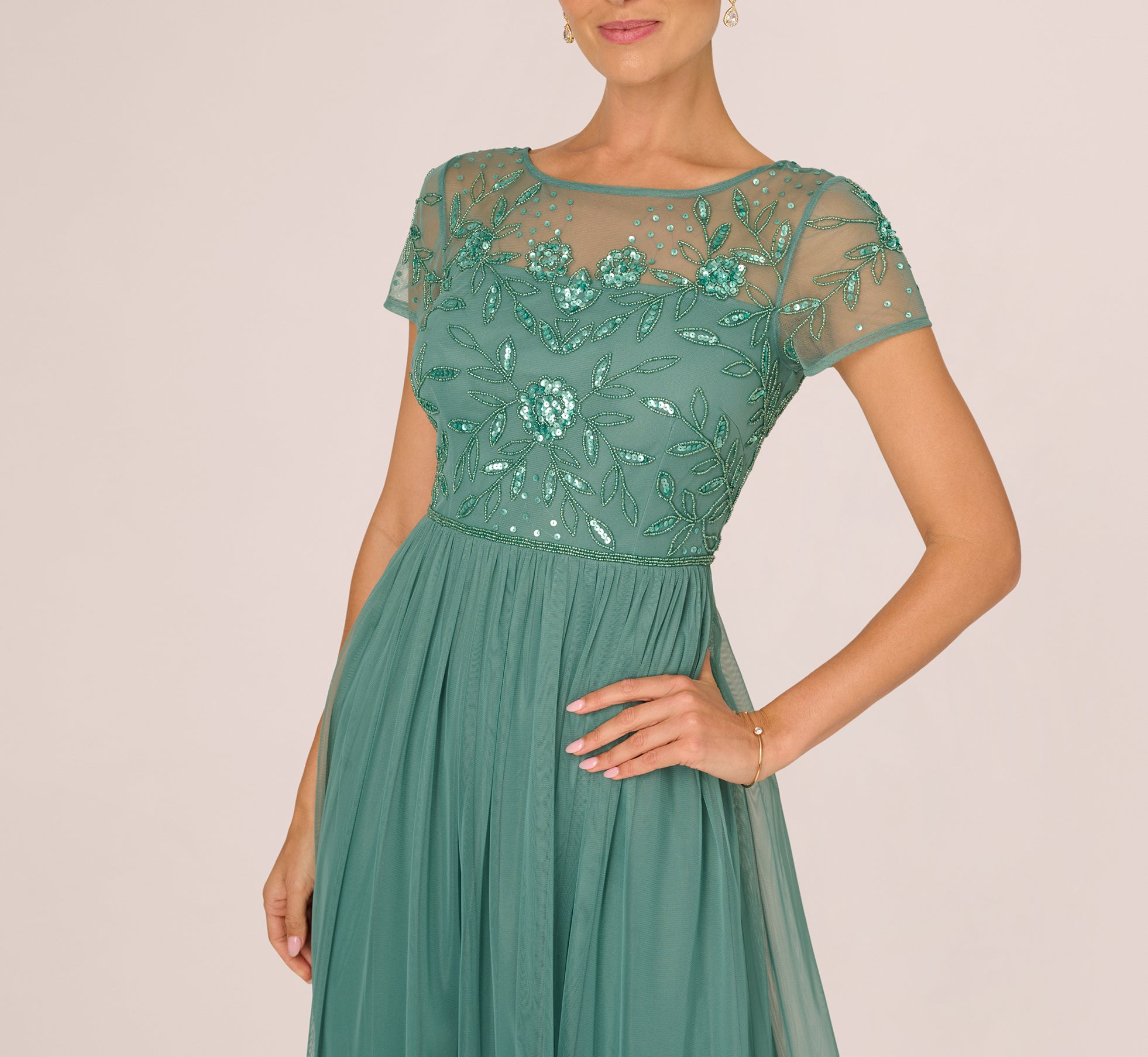 Green Short Sleeve A Line Beaded Illusion Dress - Adrianna Papell