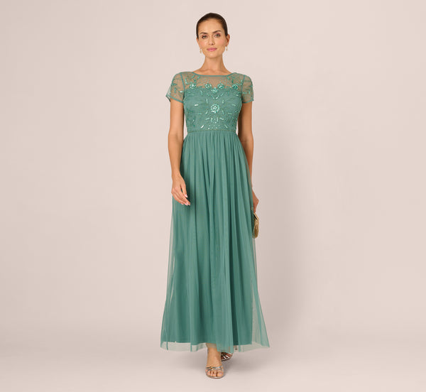 Short Sleeve A Line Beaded Illusion Dress In Green Slate