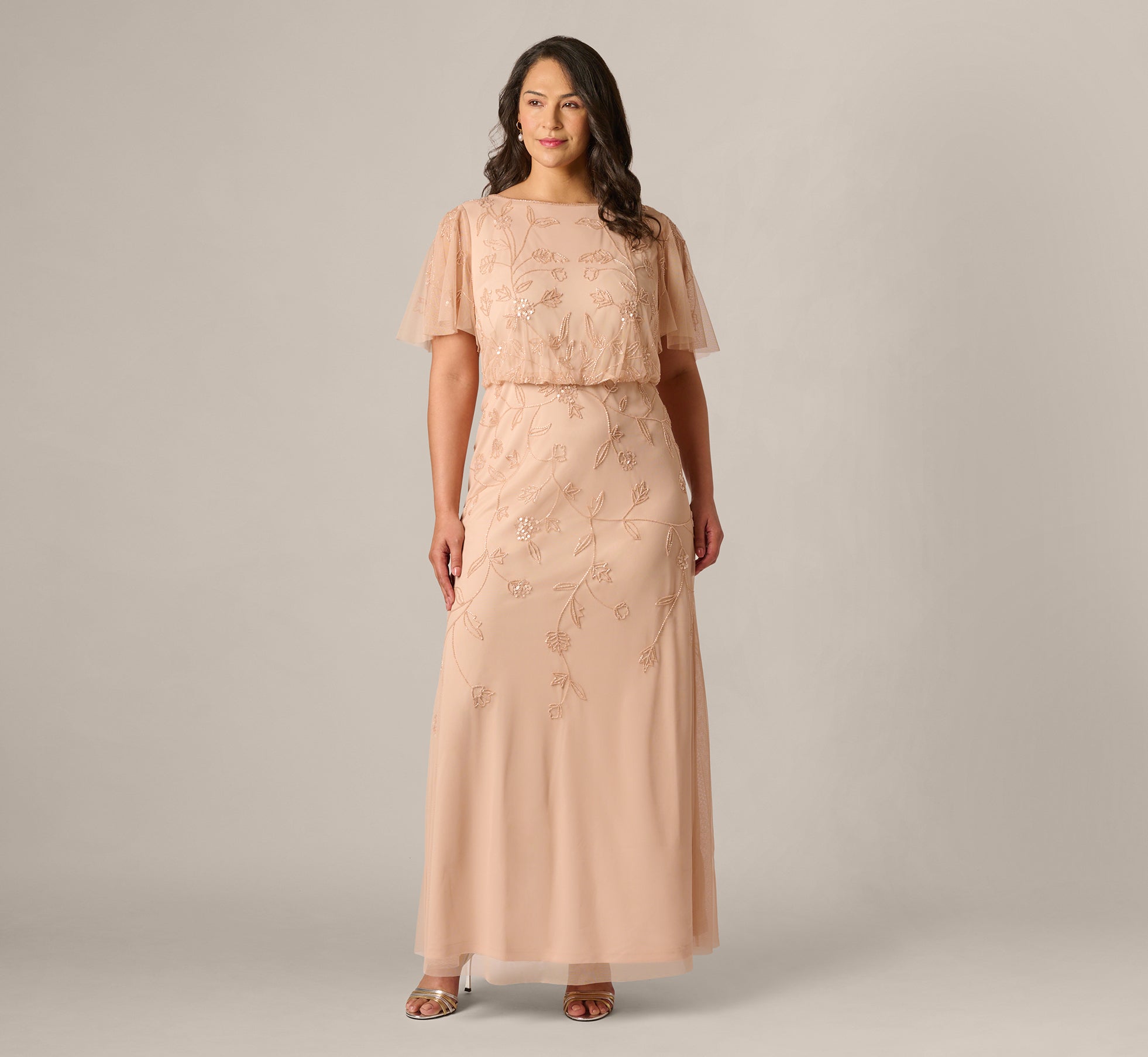Blush Plus Size Flutter Sleeve Blouson Beaded Gown