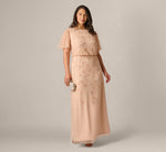 Plus Size Flutter Sleeve Blouson Beaded Gown In Blush 1