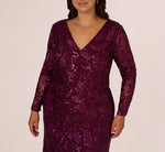 Plus Size Long Sleeve Stretch Sequin Mermaid Gown In Cassis 3