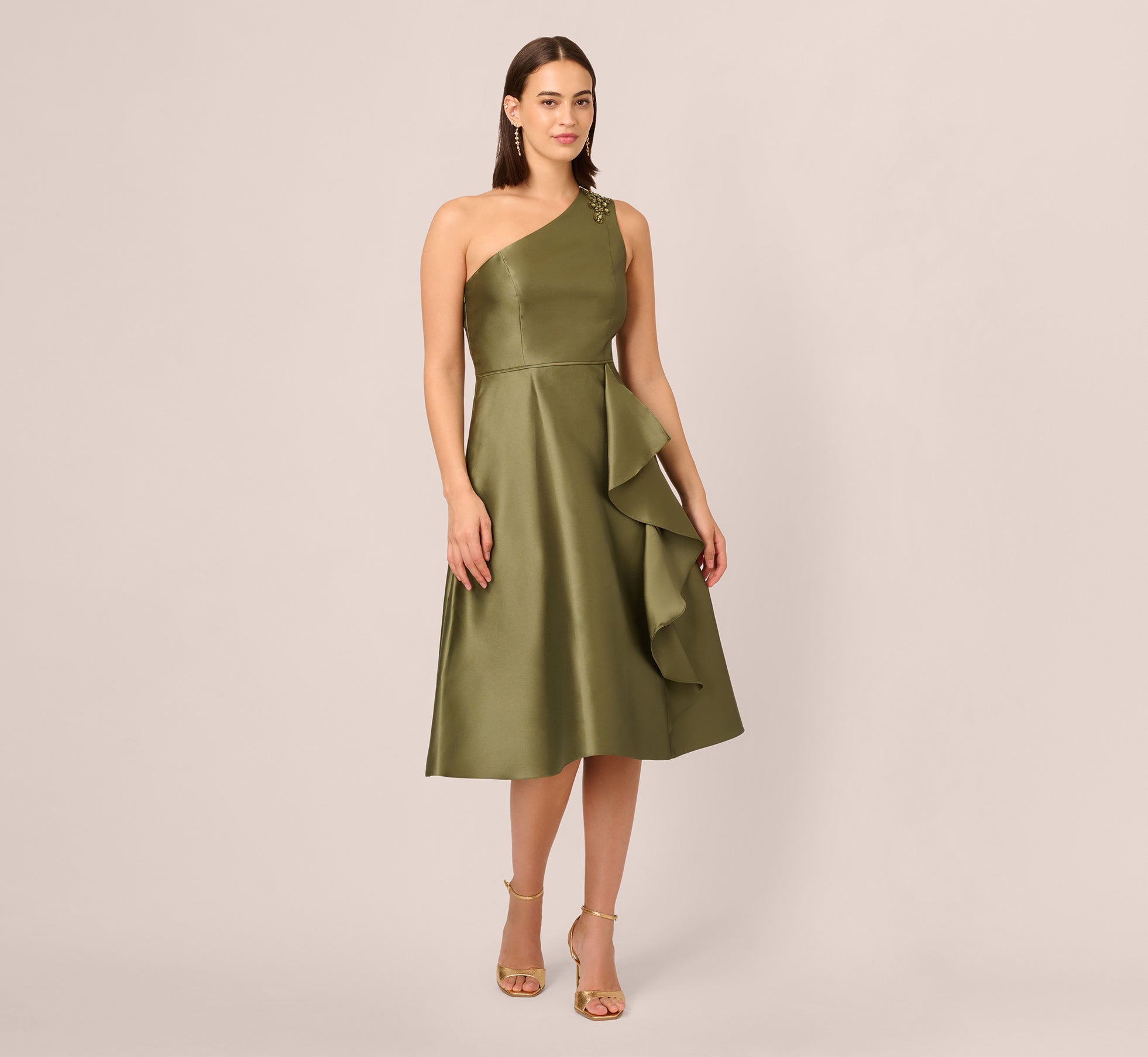 One Shoulder Beaded Detail Mikado Midi Dress In Jungle Olive One Shoulder Beaded Detail Mikado Midi Dress In Jungle Olive