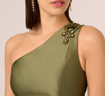 One Shoulder Beaded Detail Mikado Midi Dress In Jungle Olive 3