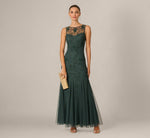 Sleeveless Illusion Floral Beaded Gown In Jade Stone 1