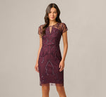 Short Sleeve Beaded Illusion Sheath Dress In Night Plum 2