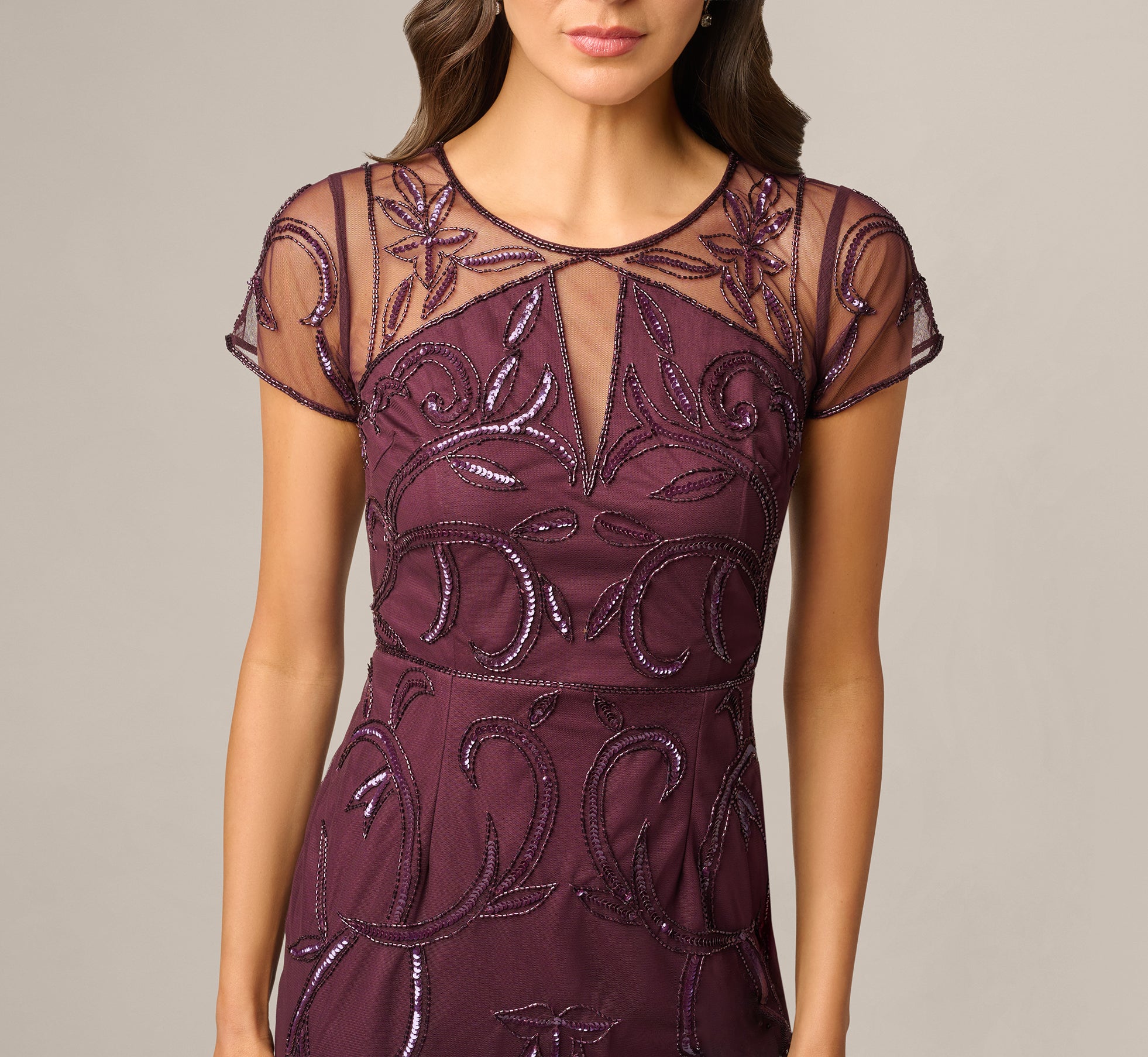 Burgandy Short Sleeve Beaded Illusion Sheath Dress