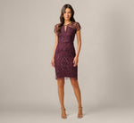 Short Sleeve Beaded Illusion Sheath Dress In Night Plum 7