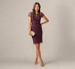 Short Sleeve Beaded Illusion Sheath Dress In Night Plum 1