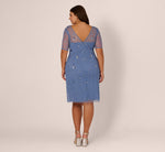 Plus Size Short Sleeve Illusion Floral Beaded Sheath Dress In French Blue 5