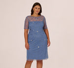 Plus Size Short Sleeve Illusion Floral Beaded Sheath Dress In French Blue 2