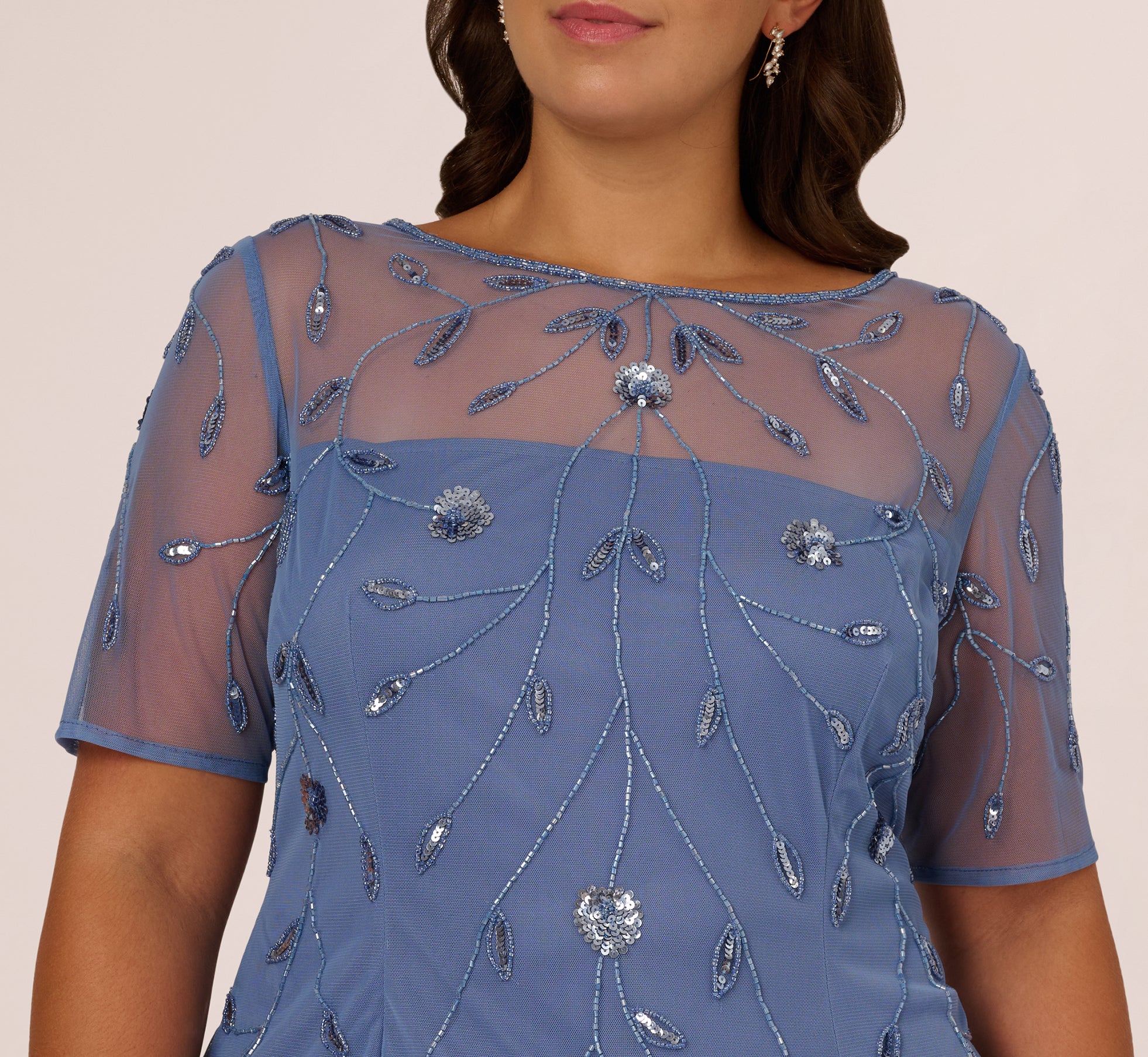 Blue Plus Size Short Sleeve Illusion Floral Beaded Sheath Dress - Adrianna Papell Blue Plus Size Short Sleeve Illusion Floral Beaded Sheath Dress - Adrianna Papell