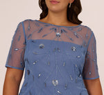 Plus Size Short Sleeve Illusion Floral Beaded Sheath Dress In French Blue 3