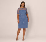 Plus Size Short Sleeve Illusion Floral Beaded Sheath Dress In French Blue 7