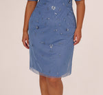 Plus Size Short Sleeve Illusion Floral Beaded Sheath Dress In French Blue 4