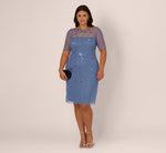 Plus Size Short Sleeve Illusion Floral Beaded Sheath Dress In French Blue 1