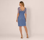 Short Sleeve Illusion Floral Beaded Sheath Dress In French Blue 5