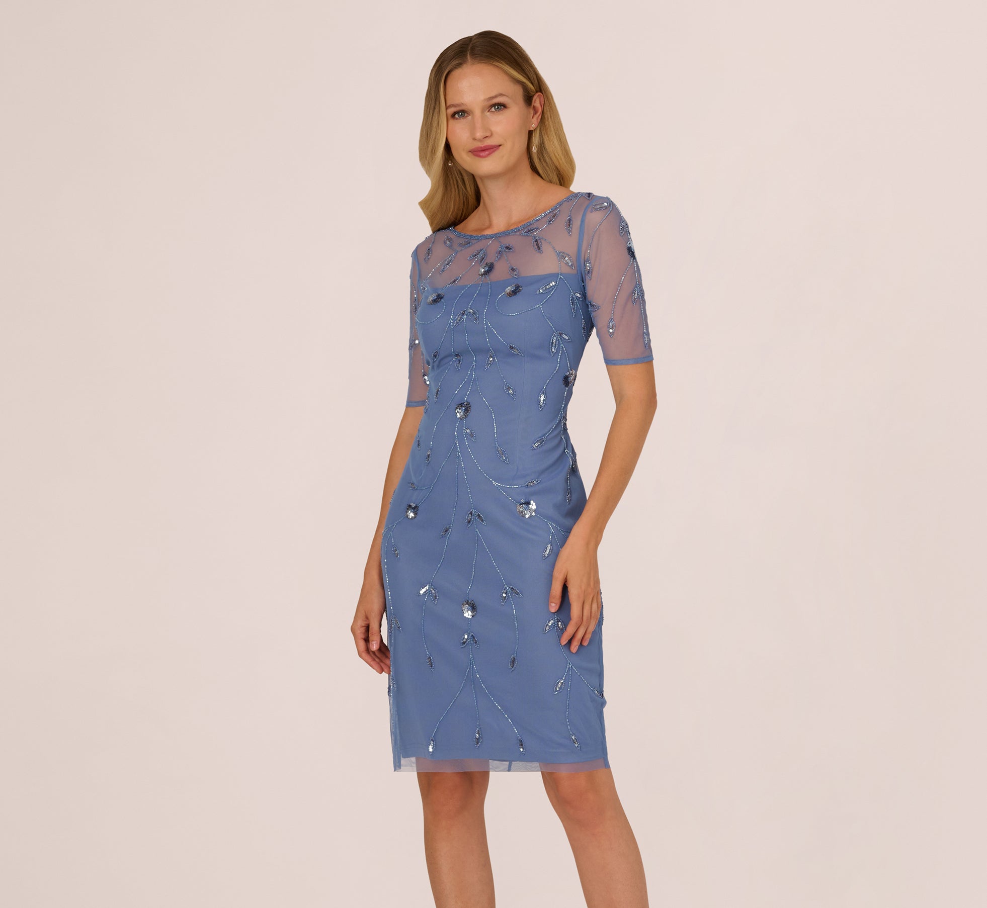 Blue Short Sleeve Illusion Floral Beaded Sheath Dress - Adrianna Papell Blue Short Sleeve Illusion Floral Beaded Sheath Dress - Adrianna Papell